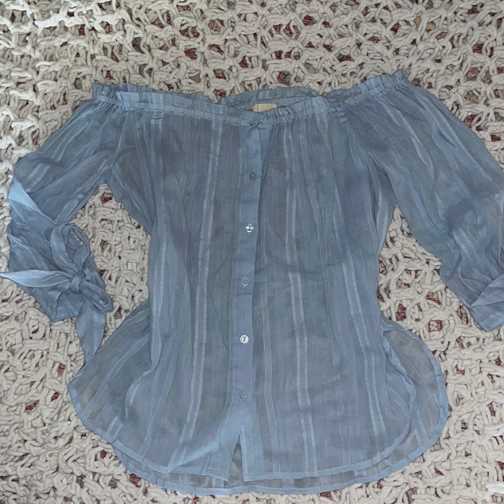 Caution to the Wind S sheer blue off-the-shoulder blouse